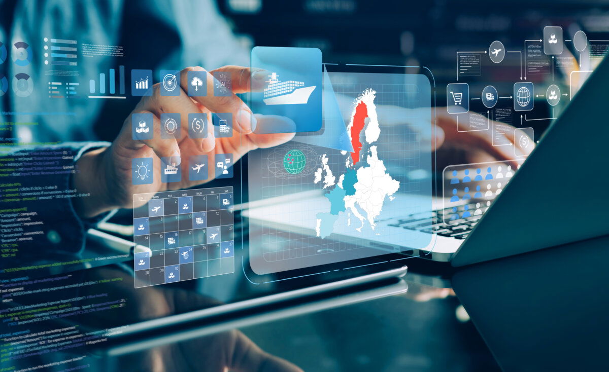 Digital interface for logistics and supply chain management with shipping icons, scheduling tools, and a European map overlay – demonstrating how 5G RedCap enables real-time tracking, reliable communication, and scalable IoT integration in global transportation and logistics operations.